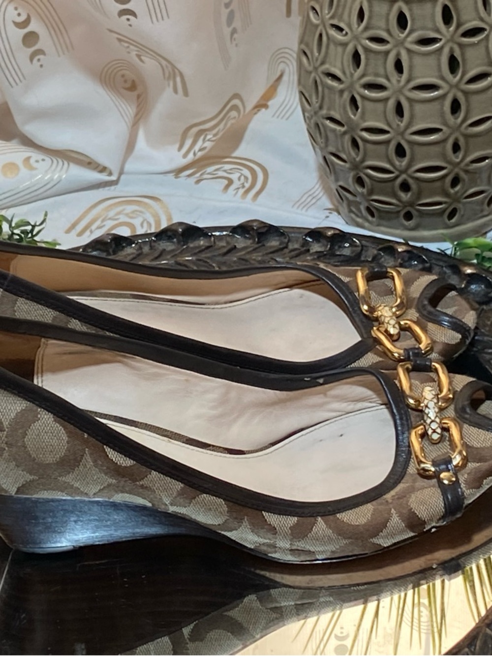 Coach Brown Signature Canvas Peep-Toe Heels with Gold Hardware - Picture 12 of 13